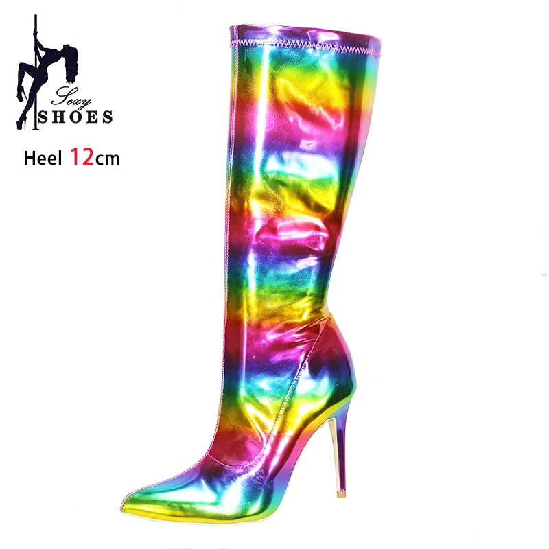 New 12CM Knee-High Boots Ladies High Heels Rainbow Patent Leather Pointed Toe Thin Heel Shiny Mix-colors Long Boots Party Shoes