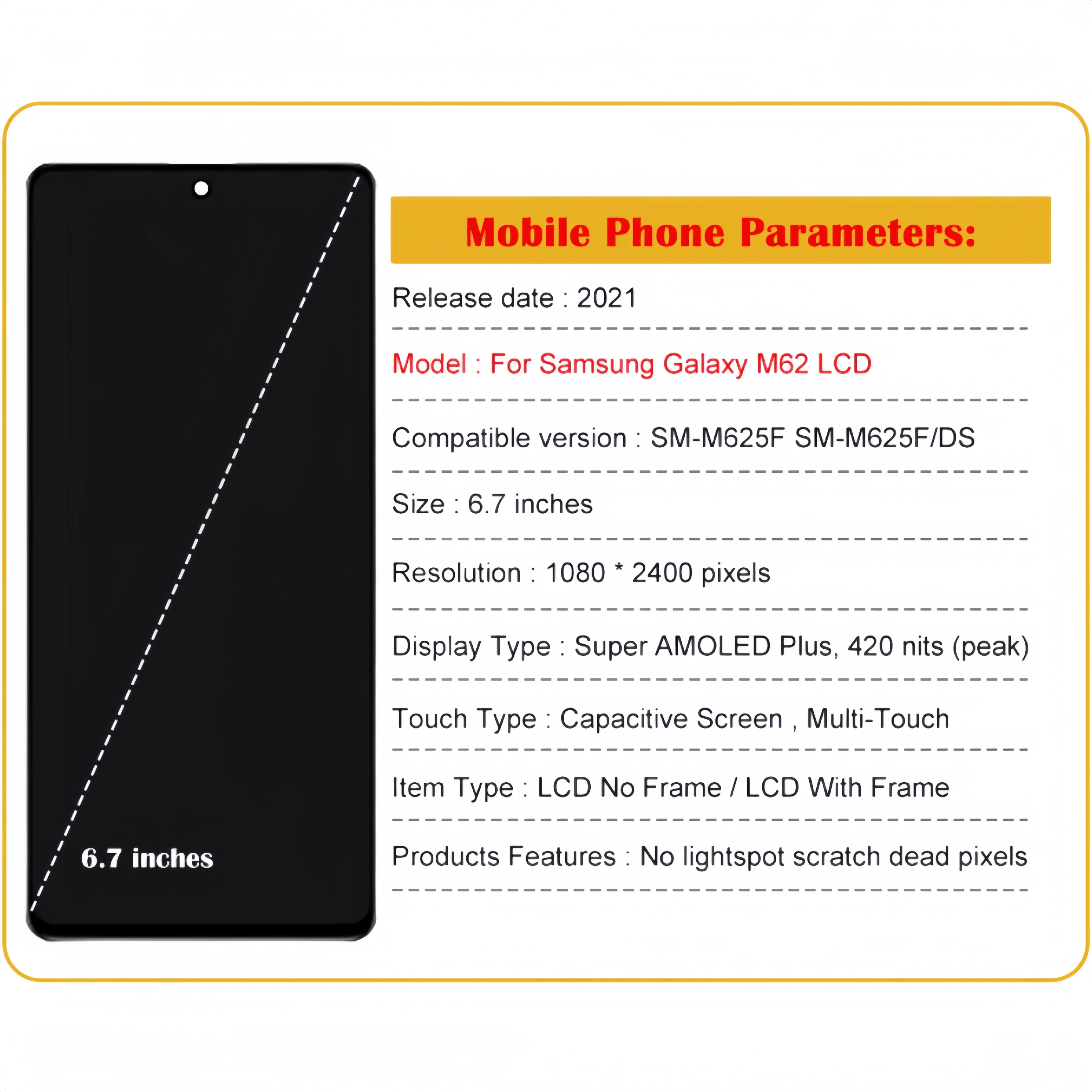 For Samsung Galaxy M62 M625 SM-M625F M625F/DS Lcd Display Touch Screen Digitizer Assembly Replacement