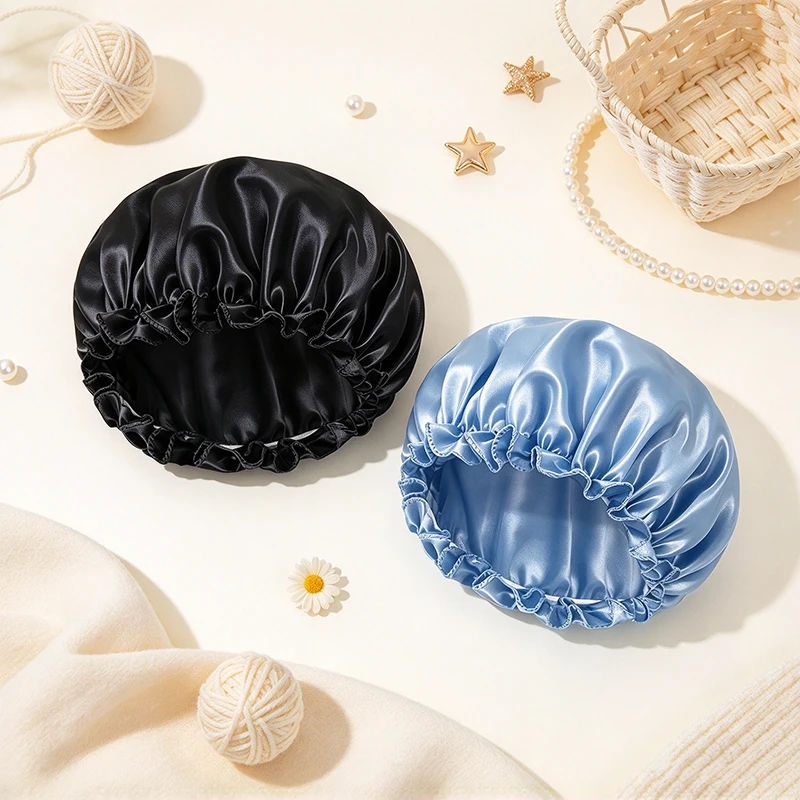 2Pcs Ruffle Satin Sleep Bonnet Cap for Women Beanie Elastic Night Hat Soft Silk Hair Bonnet Sleeping Cap for Hair Protection