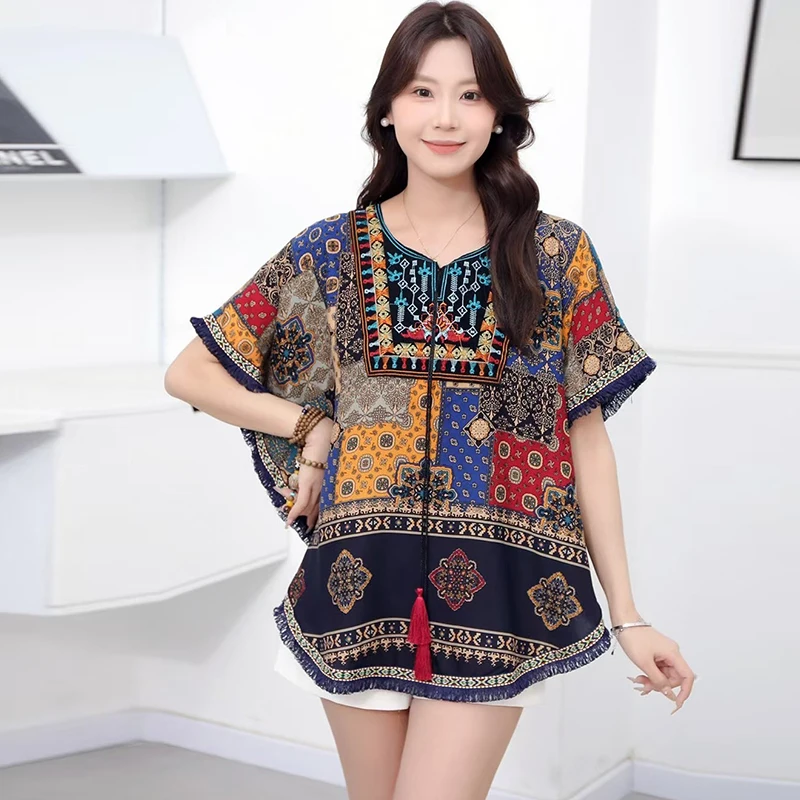 

Хлопковые блузки с принтом Бобо в этническом стиле, женские рубашки, халат, летняя солнцезащитная одежда, повседневный свободный топ с вышивкой и кисточками