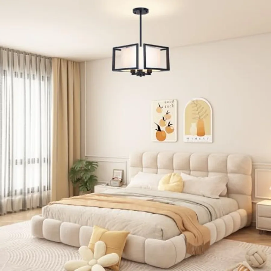 Flush Mount Ceiling Light Fixture - 3-Light Modern Semi Flush Mount Ceiling Light with Fabric Shade Metal Frame Drum Ceiling Li