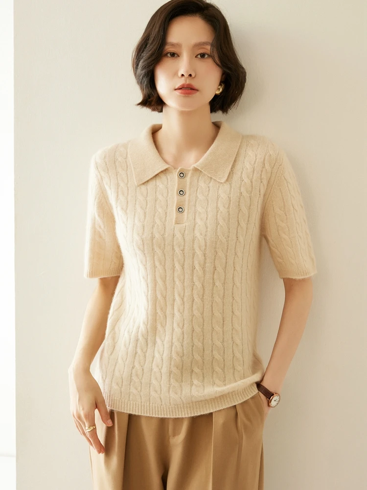 

High Quality Women 100% Cashmere Polo Shirt Casual Female Knitted Loose Style Pullover Short Sleeve Twist Pattern Elastic Top