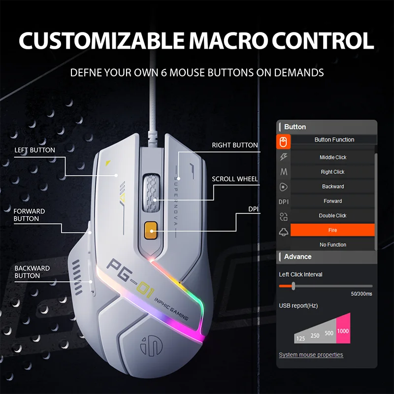 INPHIC-PG1 Wired Gaming Mouse, Programação Macro Ergonômica E-Sports, Periférico Competitivo RGB, Hardware Macro + 1000 Return Rate