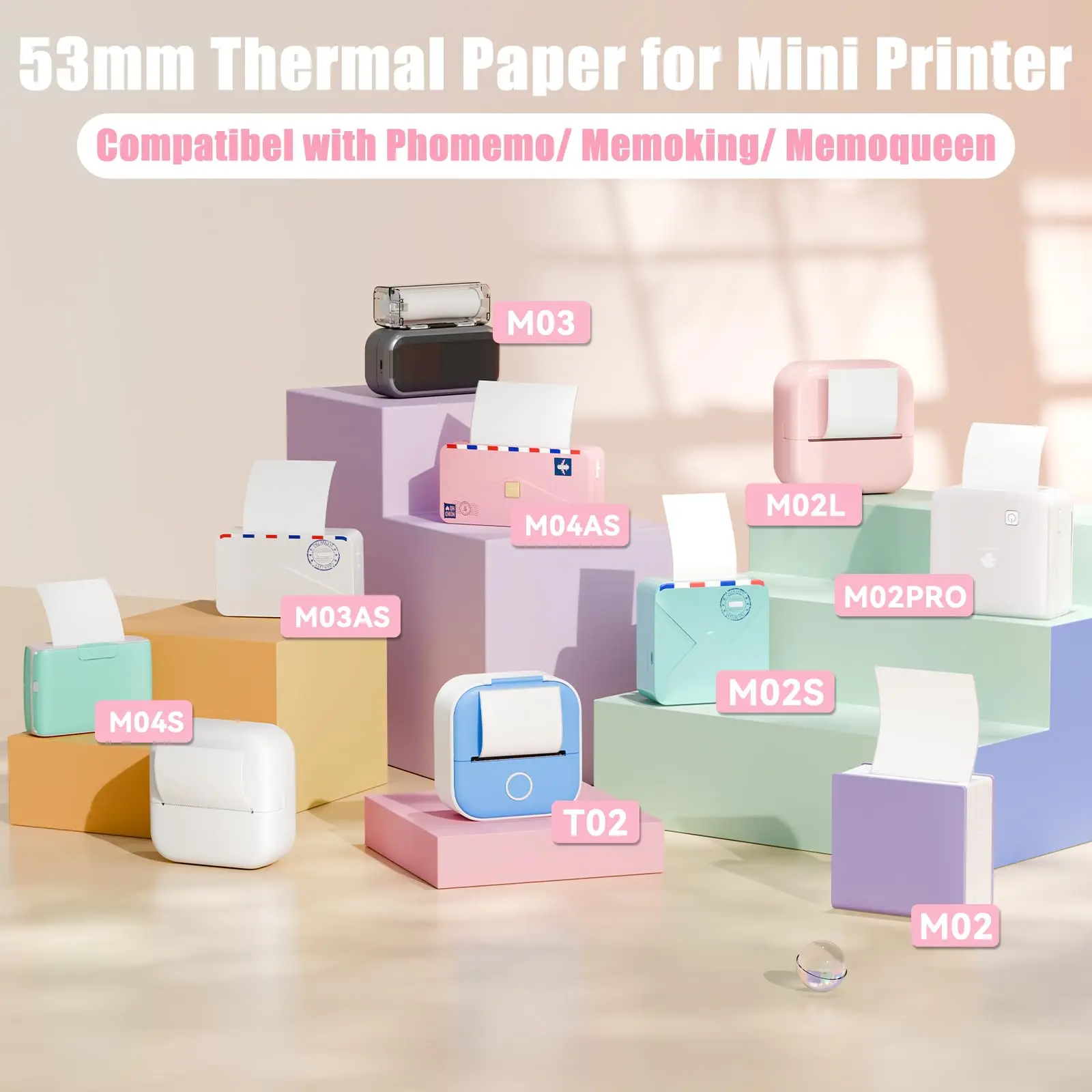 Non-adhesive Colorful Thermal Paper M02 Printer Paper for M02 M02 Pro M02S M03 M03AS M04S M04AS Mini Printer 53mmx6.5m/Roll