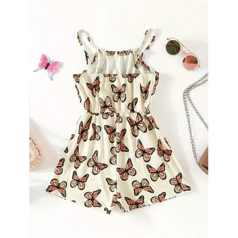 Summer casual beach breathable elastic cute butterfly print comfortable and fashionable girls' sleeveless jumpsuit