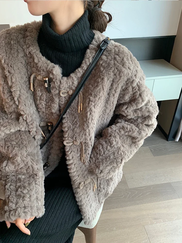 Korean Style Fashion Round Neck Long Sleeve Women's Woolen Coat 2023 Autumn Winter Commute Style Horn Button Pocket Short Coat