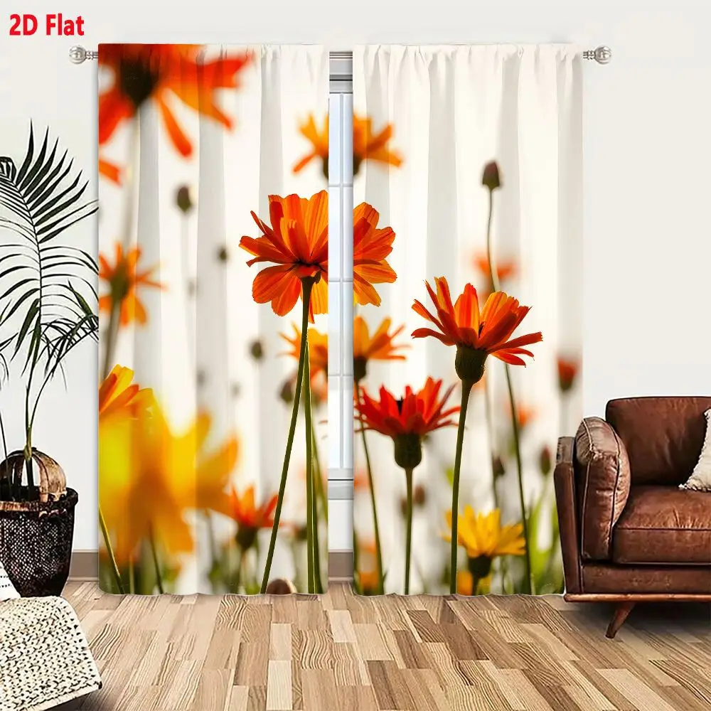 2Pcs Curtains 2D Flat Vibrant Orange Yellow Cosmos Flowers In Golden Light Against Soft Sky Window Drapes for Bedroom Room Decor