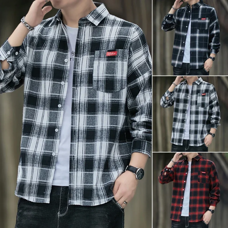 Autumn New Casual Men\'s Flannel Plaid Shirt Brand Male Business Office Red Black Checkered Long Sleeve Shirts Clothes