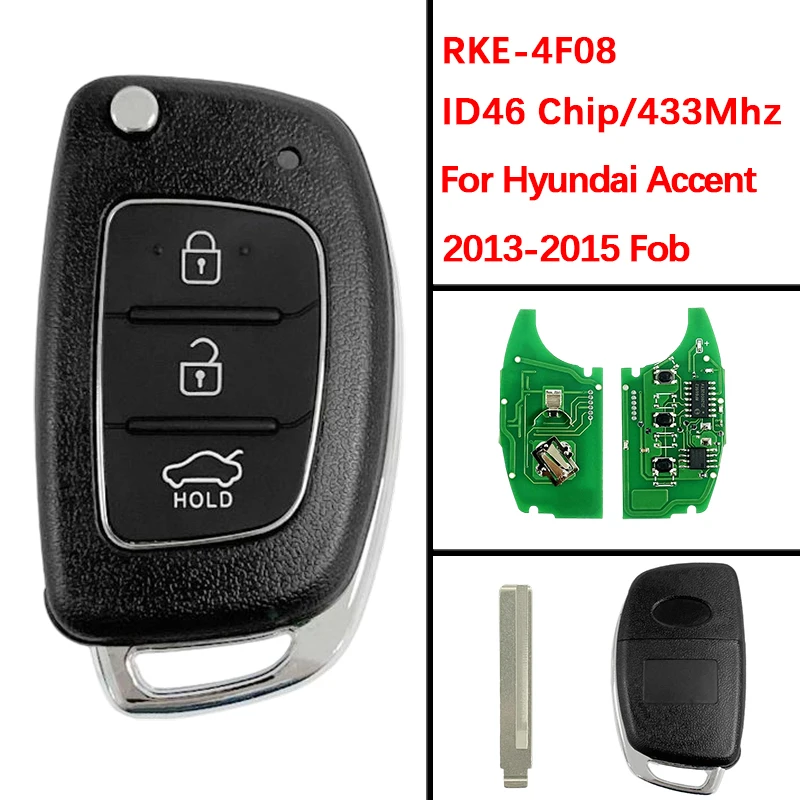 

CN020030 Aftermarket 3 кнопки откидной дистанционный брелок 433 МГц ID46 чип FCC RKE-4F08 для Hyundai Accent SB11 2013-2015