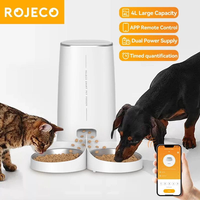 ROJECO 4L Automatic Cat Feeder Pet Cat Food Kibble Dispenser Pet Smart WiFi Remote Control Auto Feeder For Cats Dog Accessories