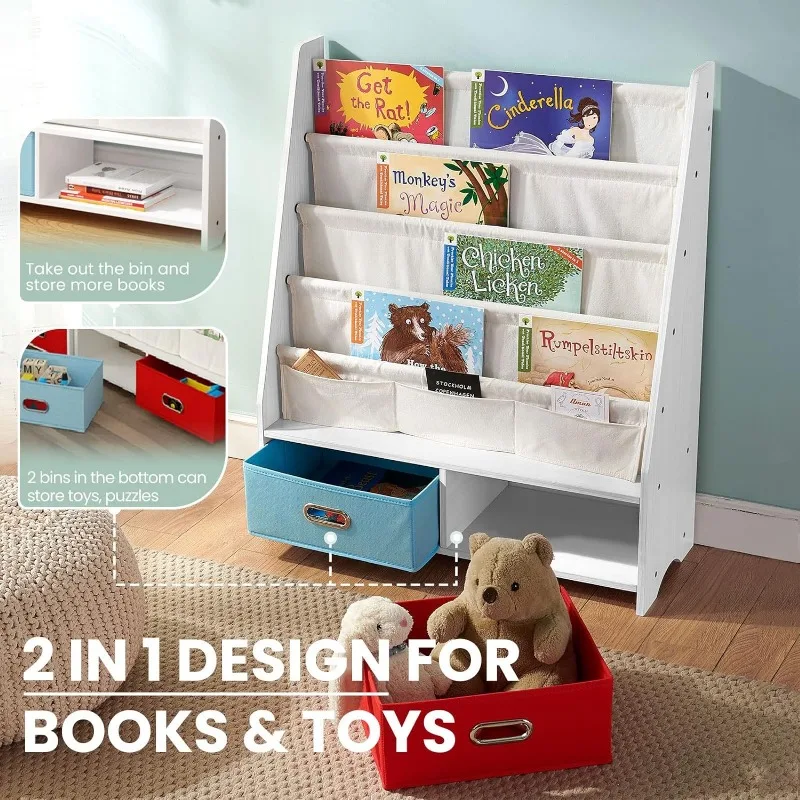 Kids Book Shelf, Children Display Rack, 4 Sling and 2 Storage Boxes for Toys Organizer