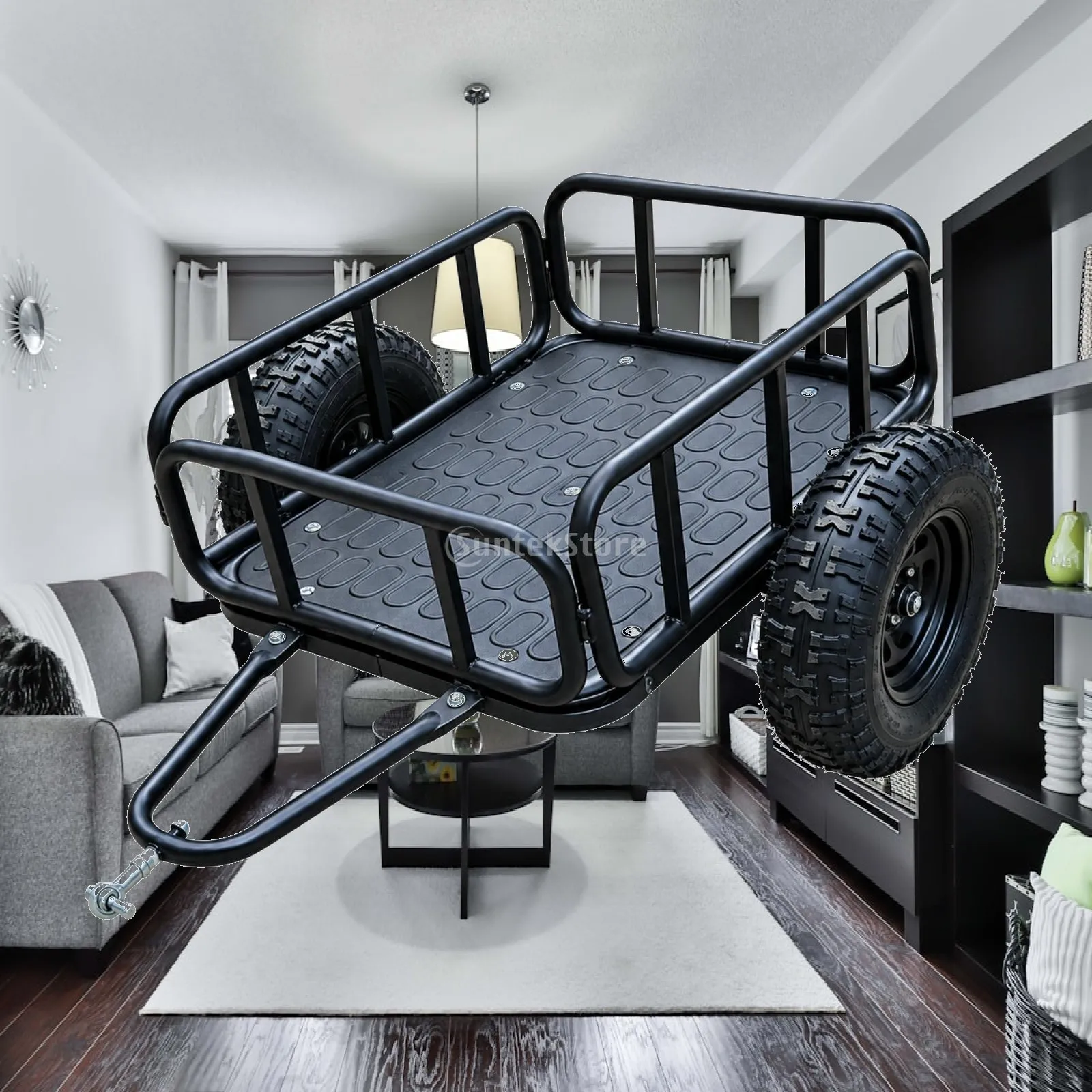 Offroad Utility Trailer for All Terrain Vehicle Heavy Gauge Steel Cargo Carrier with Four Sturdy Tires for Camping Gear