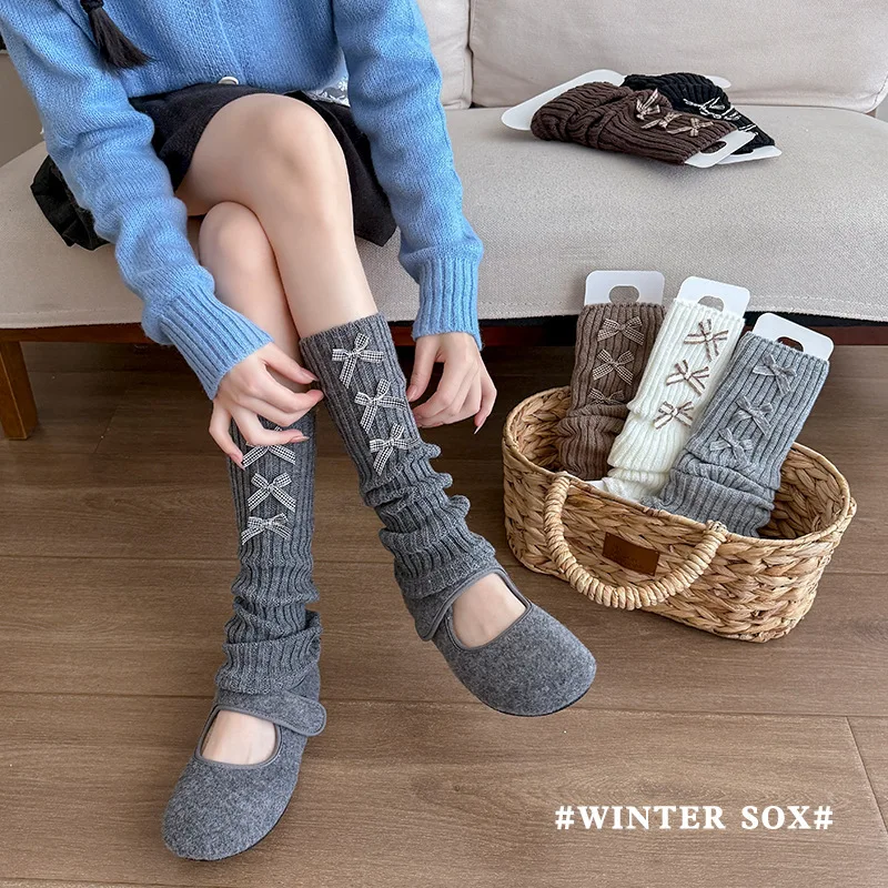 

Ballet Style Lolita Y2k Girls Leg Warmers Sweet Bow Foot Covers Boot Cuffs Winter Warm Knitted Calf Sock Y2K Women Cotton Socks