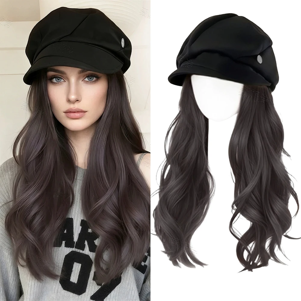 16Inch Long Curl Synthetic Hair Octagonal Cloud Duckbill Cap Integrated Women's Long Hair Autumn Winter Daily Wear Wig