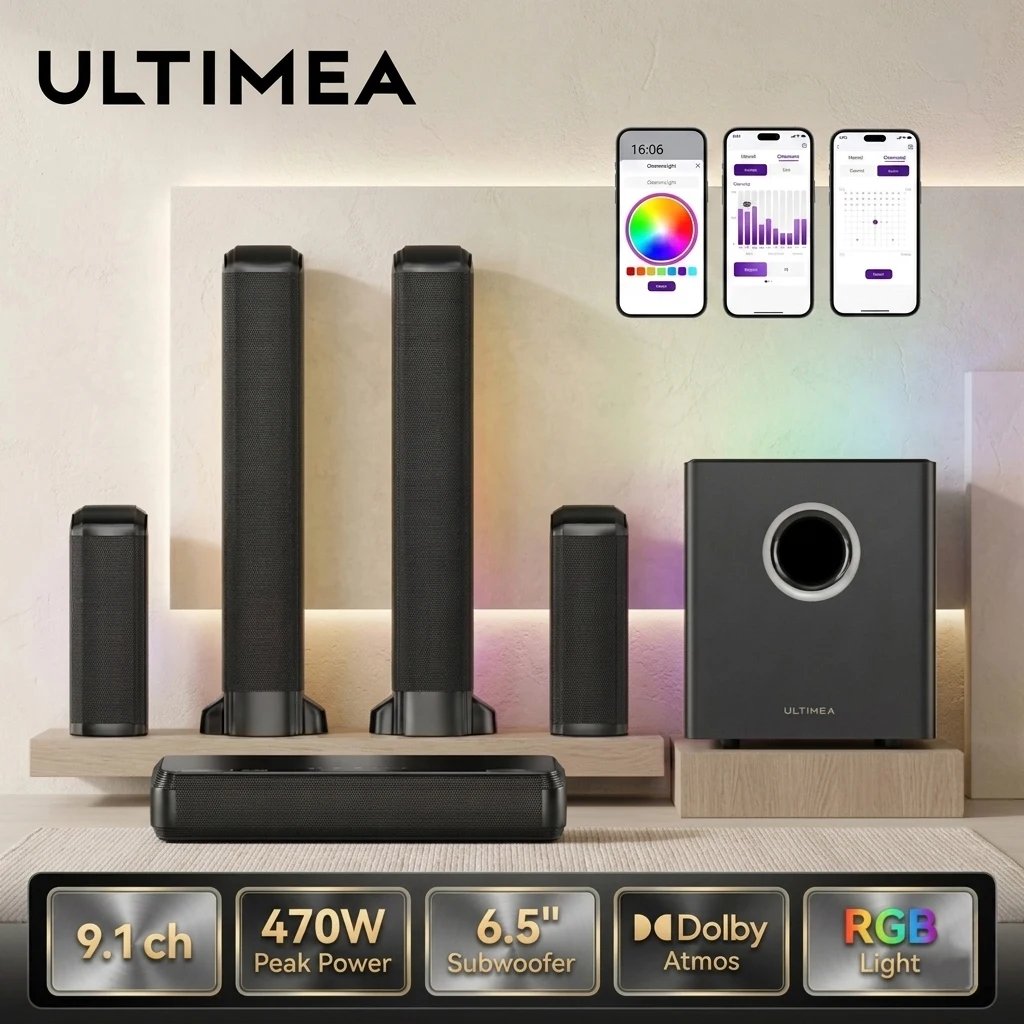 ULTIMEA 9.1-Kanal Abnehmbare Soundbar mit Dolby Atmos & RGB-Beleuchtung, Heimkino-Surround-System mit 2 Surround-Lautsprechern, APP-Steuerung