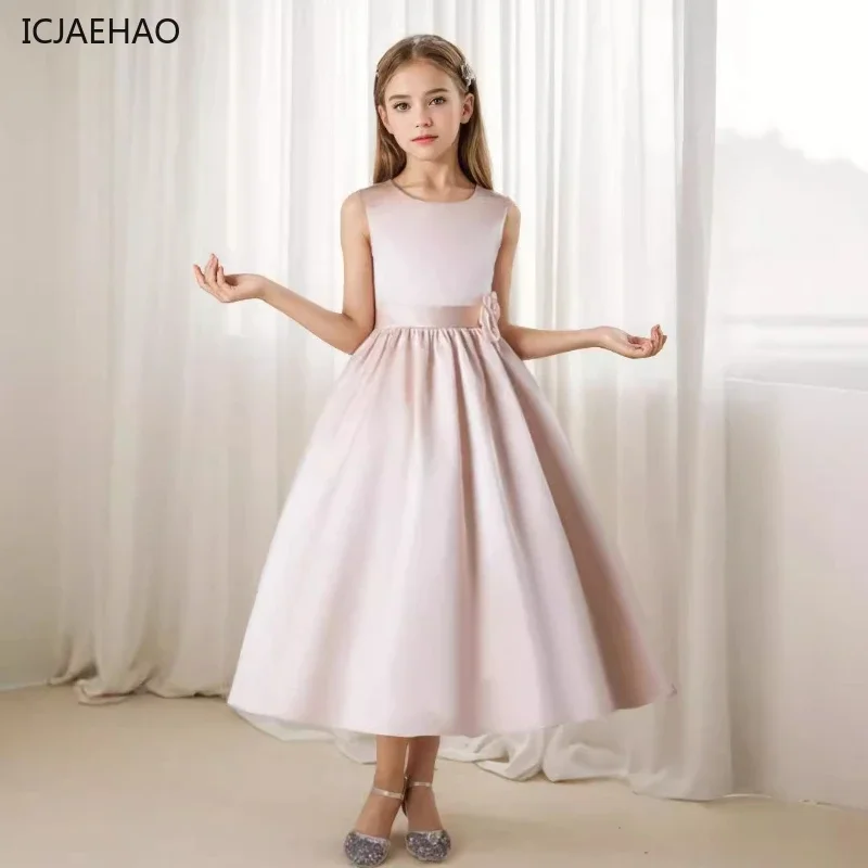 ICJAEHAO 2024 Princess Girls Party Dress Children Elegant Outfit Concert Fashion Luxury Costume Matching Host Satin Kids Clothes