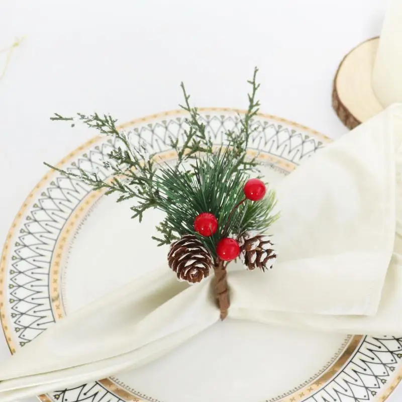 Handmade Christmas Cedar Jute Lace Napkin Rings Set Holiday Party Dinner Tableware New Year Decorations