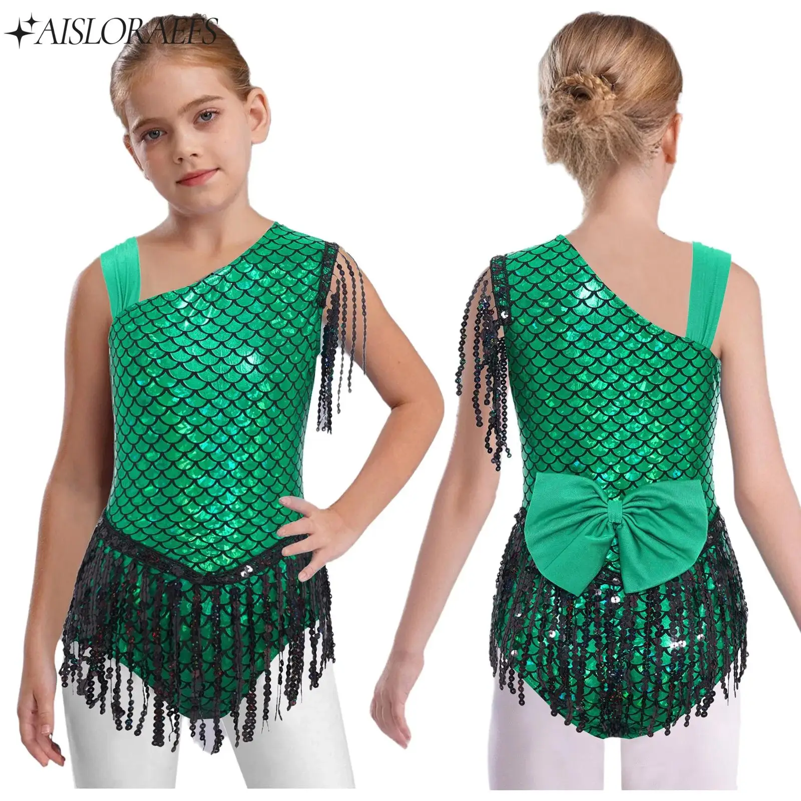

New Girls Fish Scale Gymnastics Ballet Dance Leotard Bowknot Back Sequins Tassels Bodysuit for Halloween Theme Party Performance