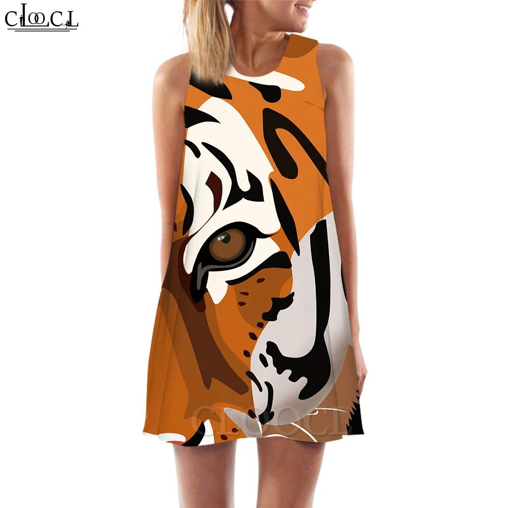 

CLOOCL New Fashion Women Tank Dress Abstract Tiger Face Printed Vest Dress Sleeveless Short Dress Vestidos De Verano Mujer 2022