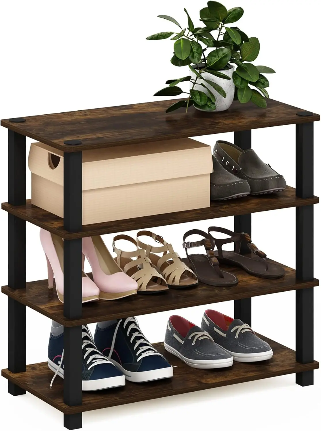 

Amber Pine and Black 4-Tier Shoe Organizer with Modern Turn-S-Tube Design for Efficient Storage and Easy Access