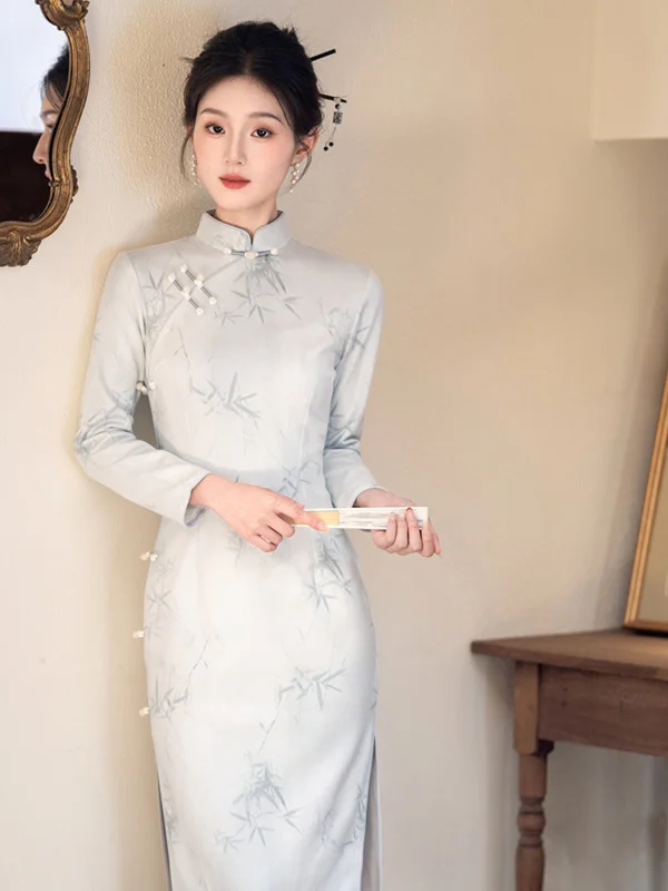 

Женское длинное платье-ципао с длинными рукавами, эластичное, облегающее, для повседневной носки, винтажное, с низким разрезом, с цветочным узором, из дышащего тонкого материала