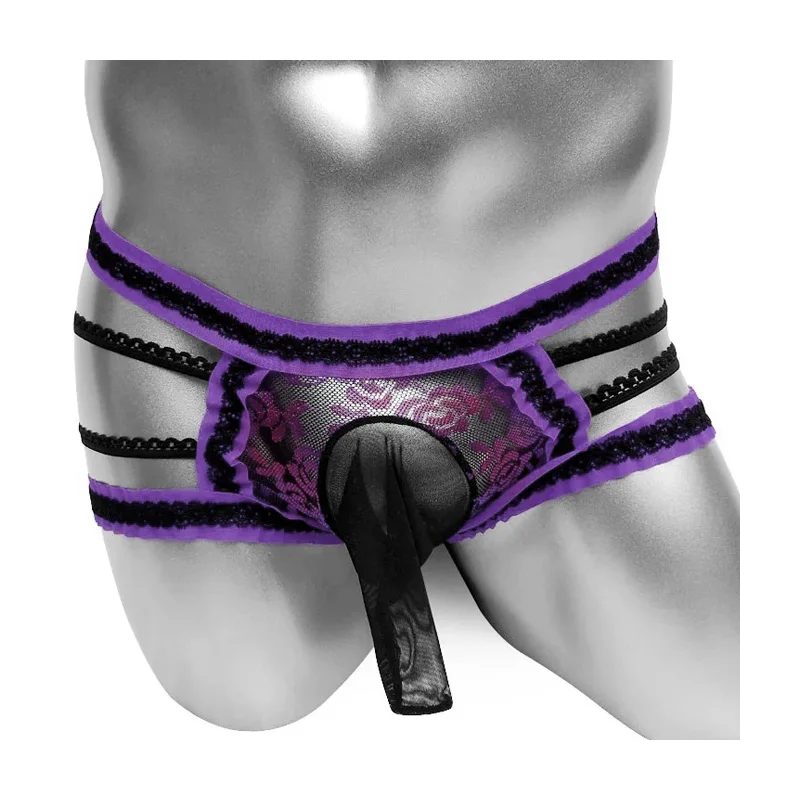 Frilly Lace Sissy Panties Penis Sleeve Briefs Underwear For Mens Sexy Lingerie Transparent Bikini Erotic Sissy pouch panties