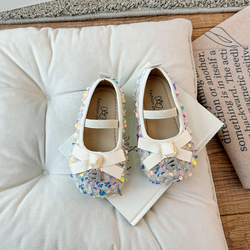 Children Lesther Shoes for Girls 2024 Spring/Summer New Single Shoe for Party Cute Korean Sequin Bow Fashionable Princess Flats