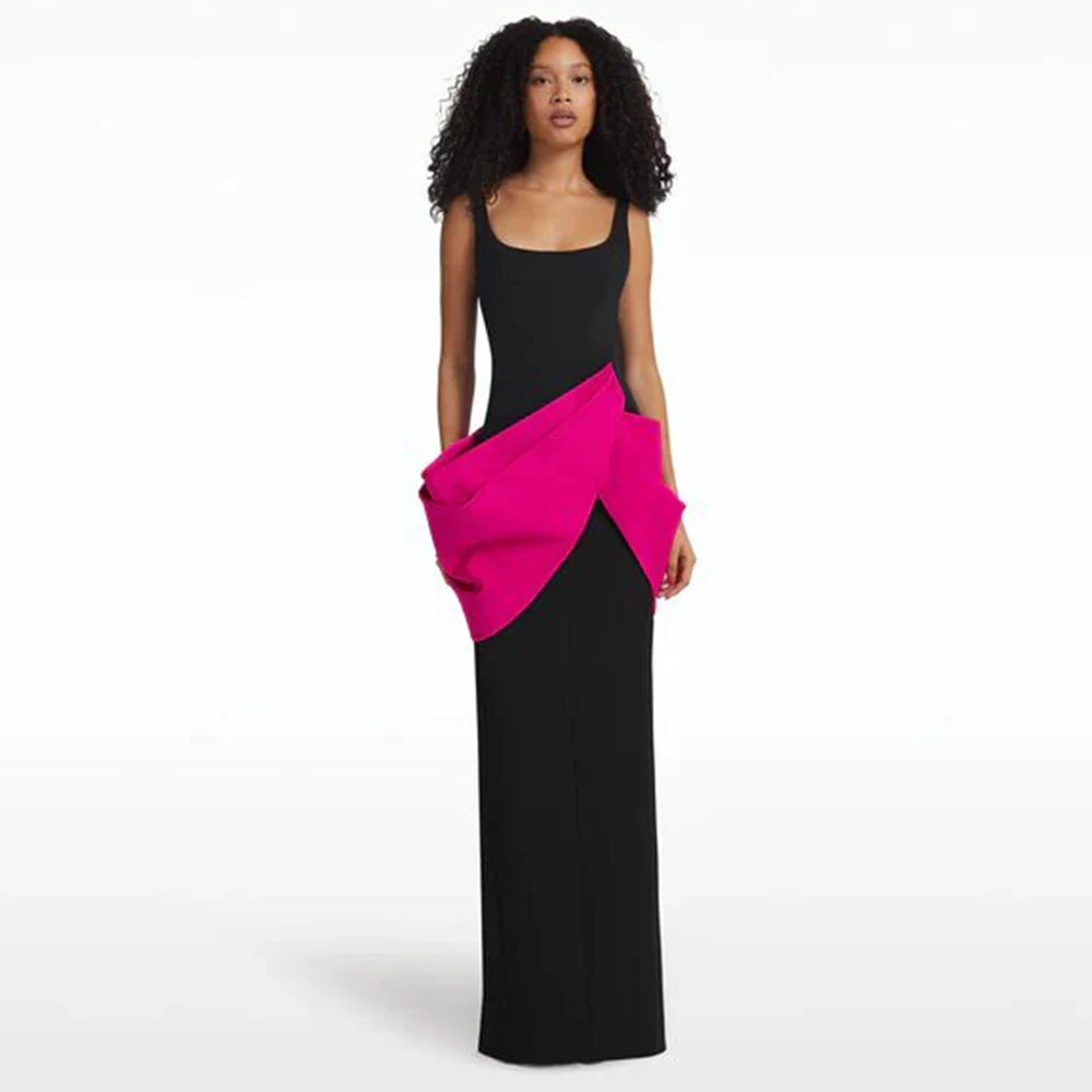 

Elegant Party Dresses Woman Contrast Color Hot Pink And Black Jersey Draped Tiered Straight Square Neck Long Dresses