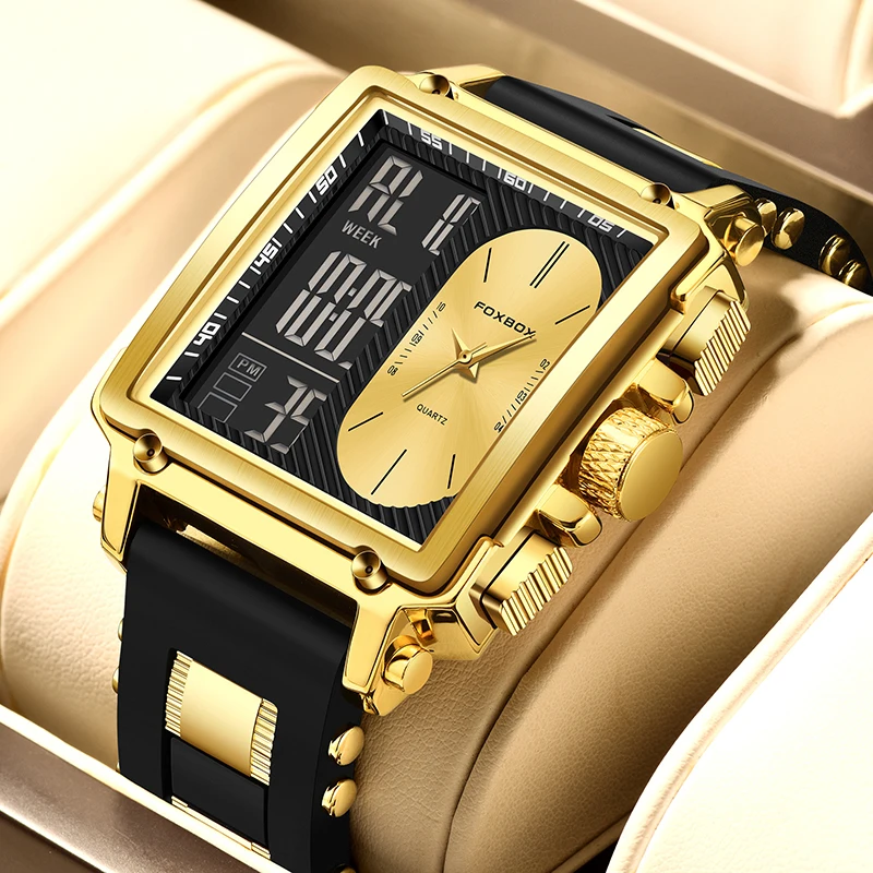 LIGE Fashion Gold Watch Men FOXBOX Top Brand Luxury orologi da polso al quarzo da uomo Casual orologio militare digitale impermeabile per uomo