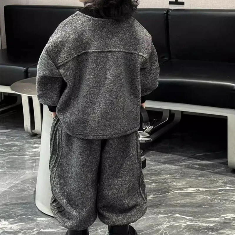 New Velvet Set  Children 2026 Spring Autumn Hoodie Korean Edition Cool Handsome Casual Pants Children's Wear Two Piece Set 4-12Y