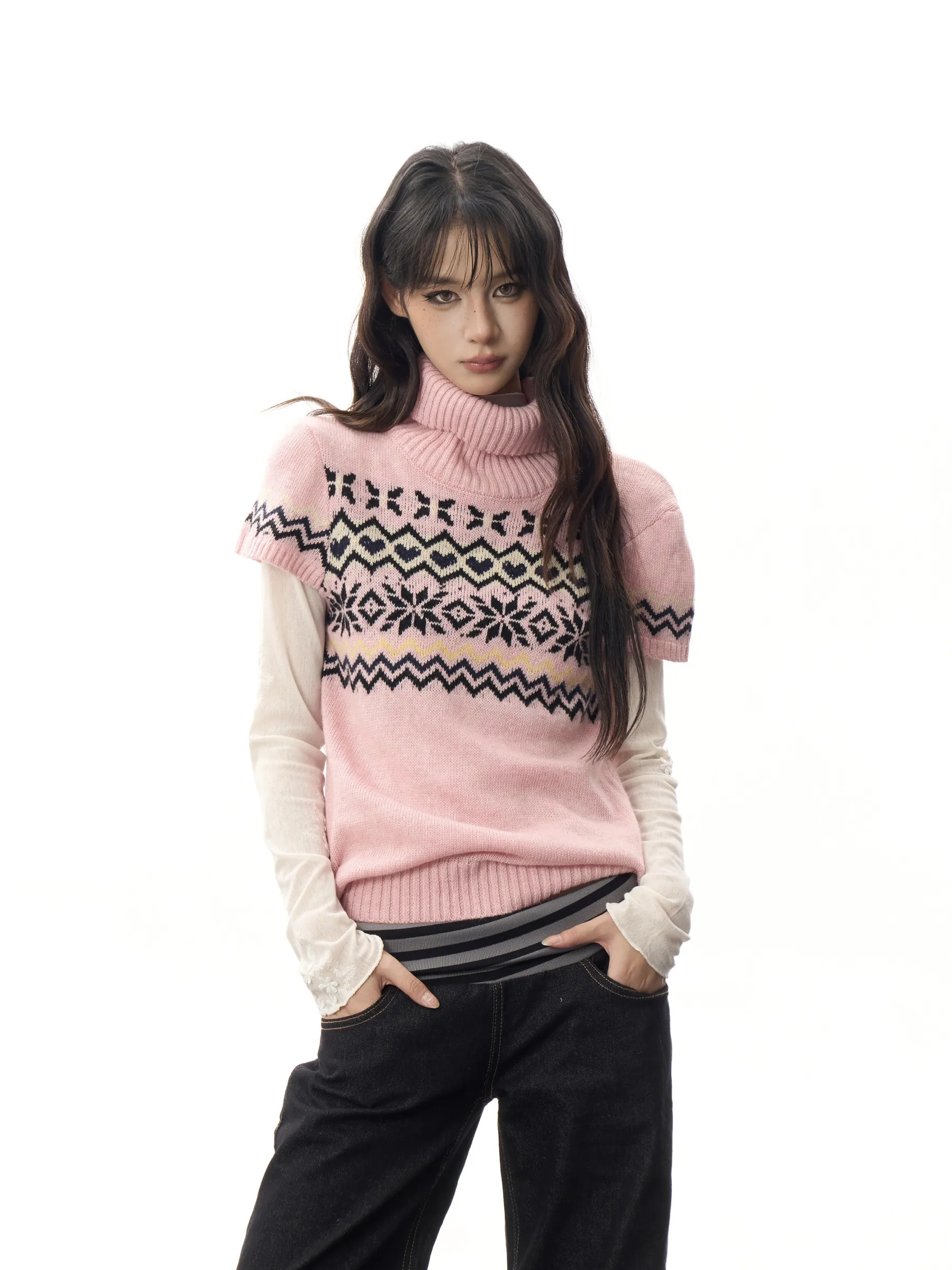 American Retro Fair Isle Knitted High Collar Short Sleeve Sweater for Women Girl's Atmosphere Layering Hot Girl Knitted Top