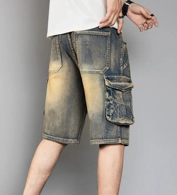 Men Loose Baggy Jeans Shorts Men Jeans Streetwear Long 3/4 Capri Cargo Shorts Pocket Bermuda Male Multi-Pocket Denim Shorts