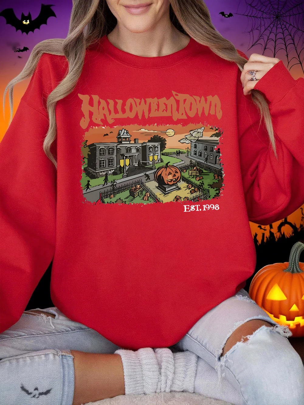 Sudaderas con estampado de la Academia de terror de Halloween para mujer, Sudadera con capucha cálida de lana de invierno, jersey holgado con cuello redondo, ropa informal cómoda