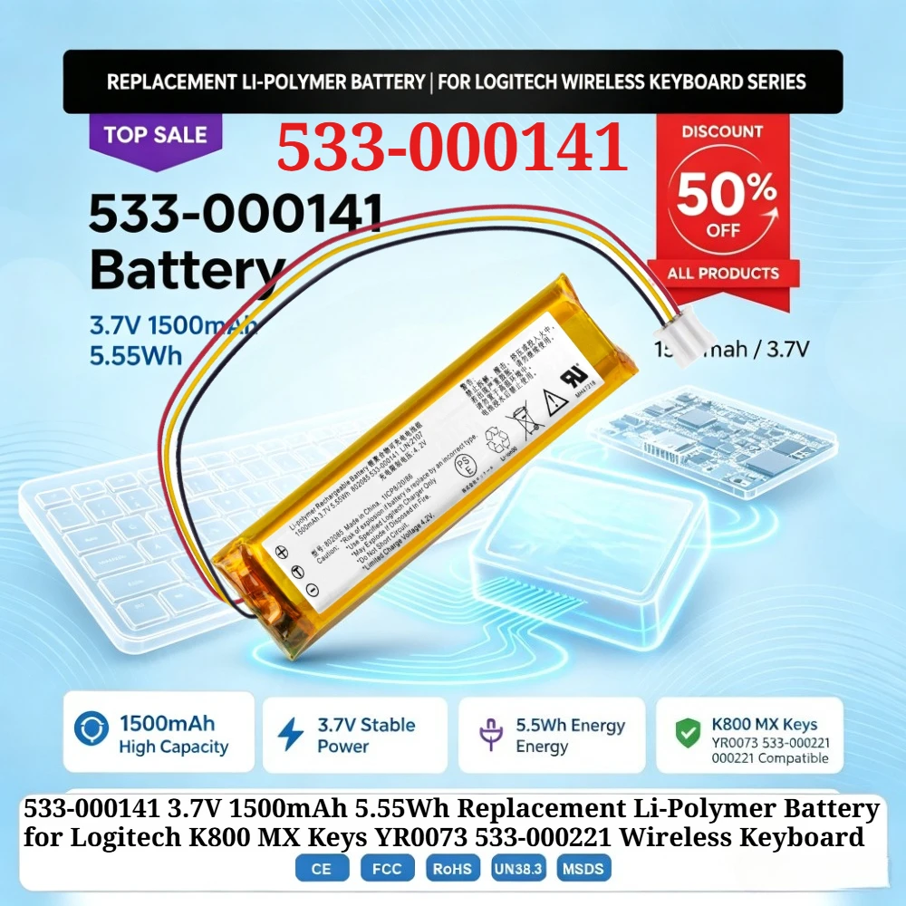 533-000141 3.7V 1500mAh 5.55Wh Replacement Li-Polymer Battery for Log itech K800 MX Keys YR0073 533-000221 Wireless Keyboard