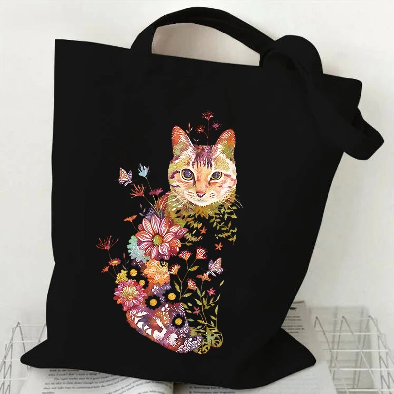 Cat and Flower Print Shoulder Bag Women Vintage Aesthetics Kitten Design Tote Bags Teenager Girls Shopping Bags Female Handbag