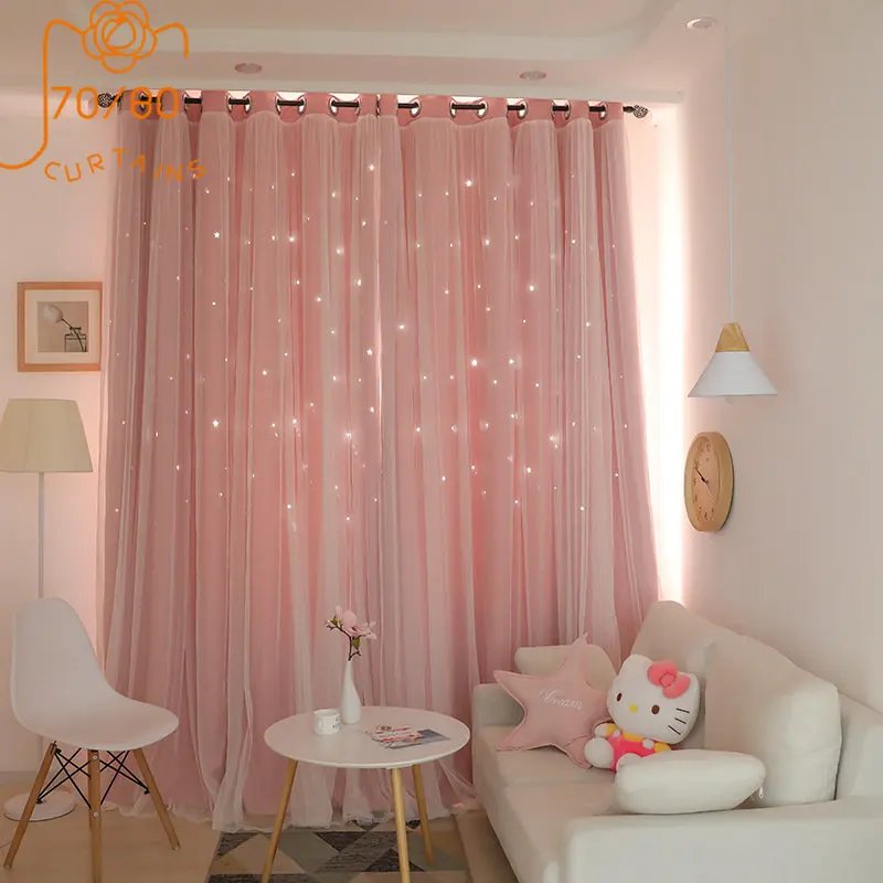 Pink Girl Room Double Lace Hollow Star Curtains for Living Room Bedroom Partition Curtain Balcony Bay Window Home Decoration