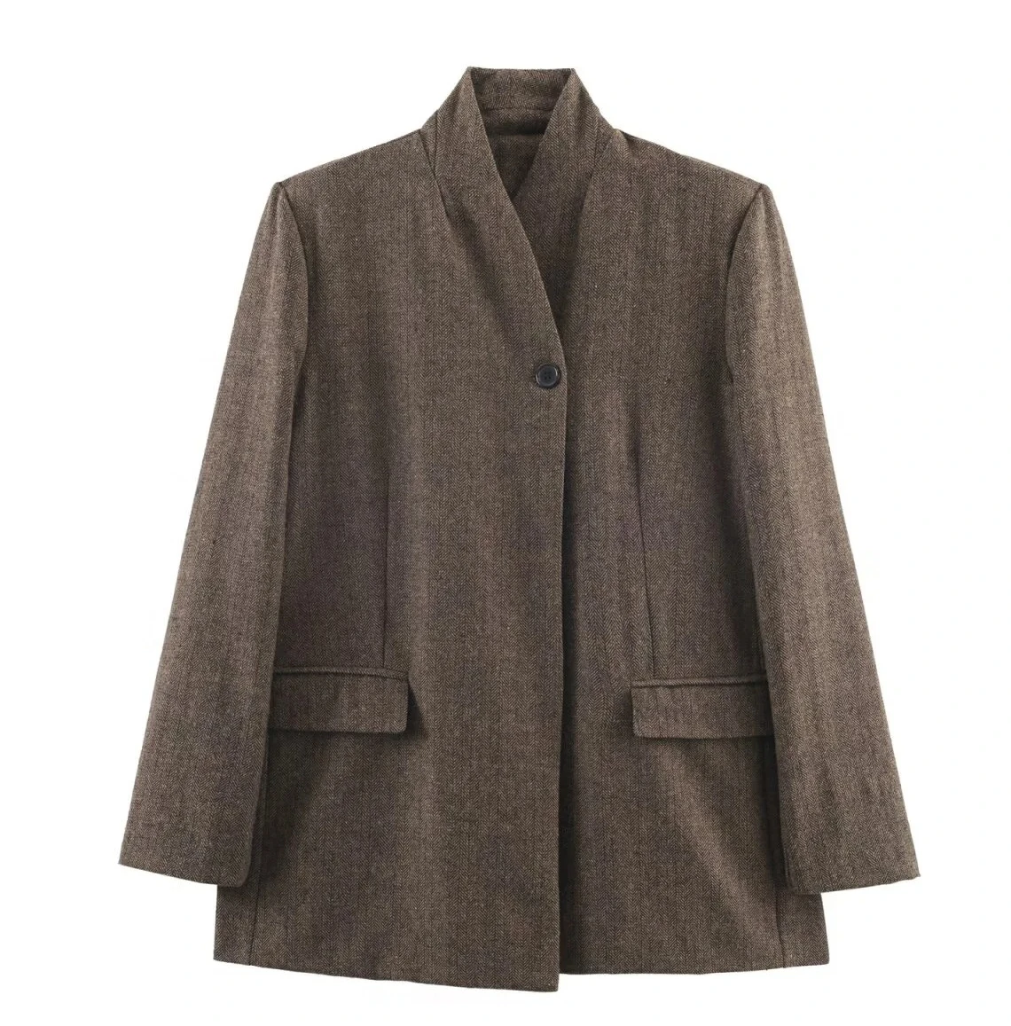 

New Women's Casual Fashion Simple Commuter Style Flap Pocket Stand Collar Long Sleeve Herringbone Suit Jacket