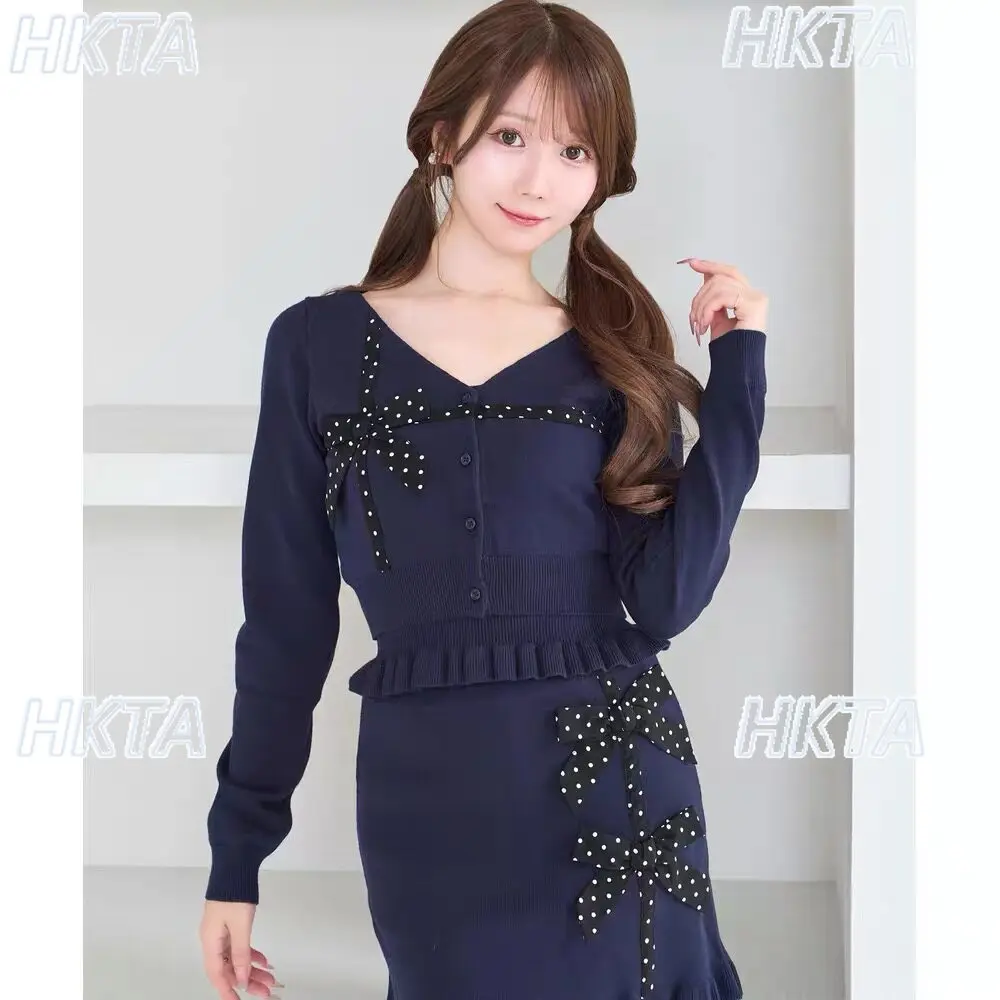 Japanese Elegant Sweet Polka Dot Bow Ribbon Slim Pleated Long Sleeve Knitted Short Top Mini Skirt Commuter Lolita Suits Women