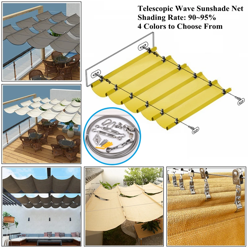 4 Colors to Choose From Telescopic Wave Sun Shade Net Garden Shading Sail Swimming Pool Sunshade Net Outdoor Awning Sun Canopy