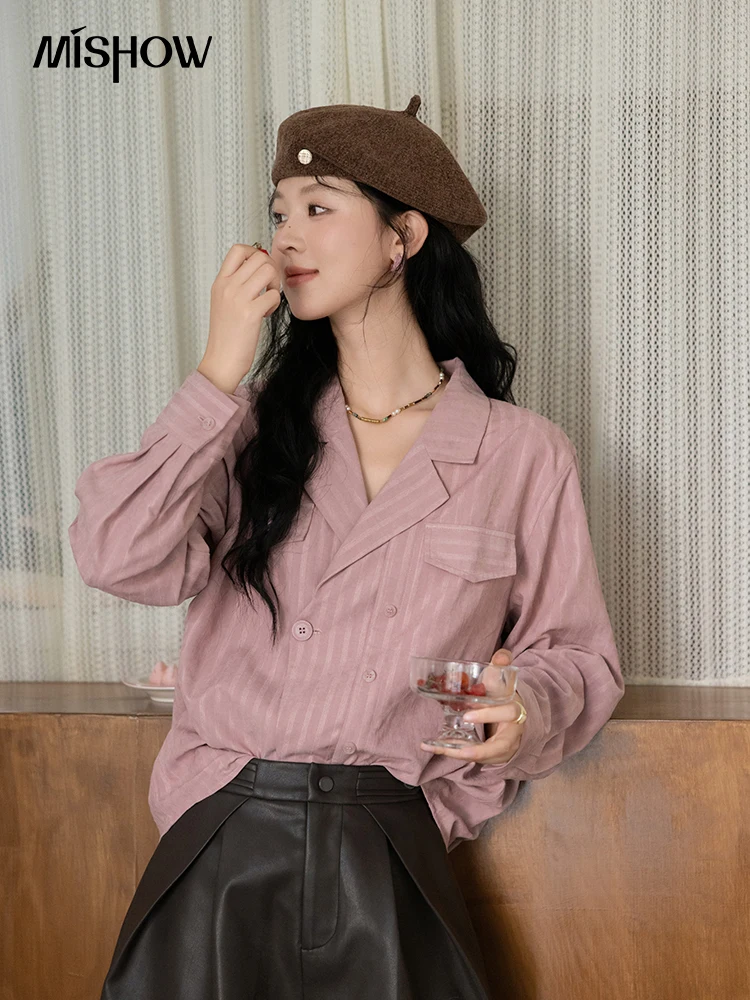 MISHOW Women\'s Striped Shirt 2024 Autumn Suit Collar Symmetric Fake Pocket Shirts Loose Shoulder Long Sleeve Thin Top MXD43C0304
