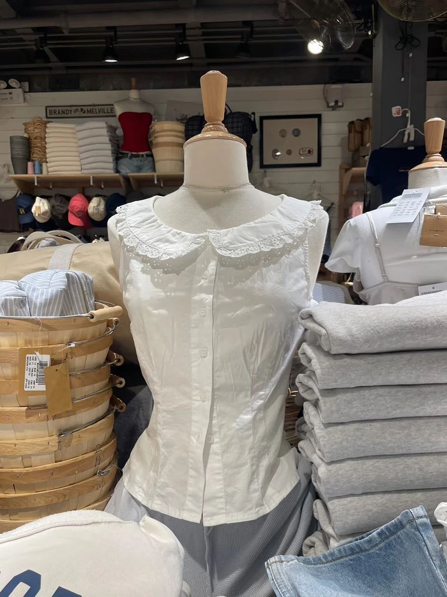 

White Lace Trim Slim Tank Top Women Peter Pan Collar Single Breasted Cinched Vest Preppy Style Sweet Sleeveless Crop Tops New