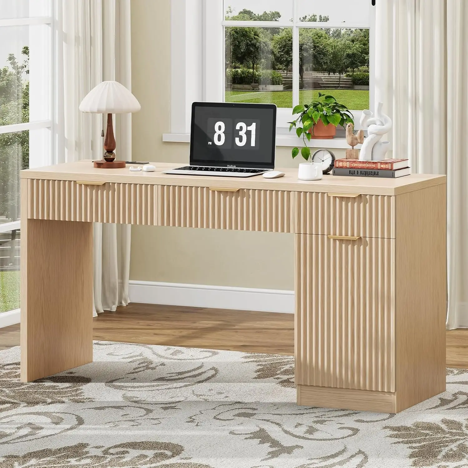 

60' Executive Desk with Fluted Drawers, Wood Home Office Desk with Storage Cabinet, Charging Station, Fluted Computer Writing