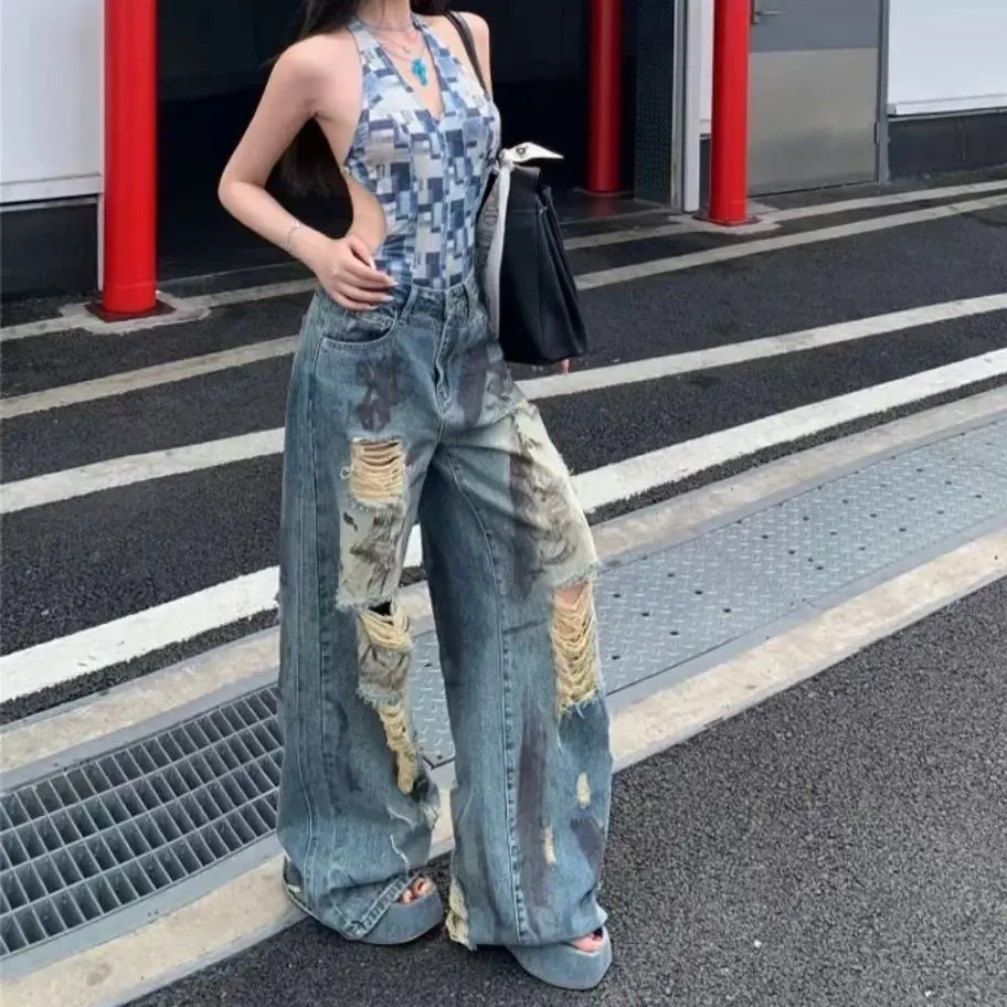Vintage gescheurde blauwe Y2k jeans vrouwen Harajuku streetwear denim broek esthetische Jean broek Japanse jaren 2000 Trashy Pantalones