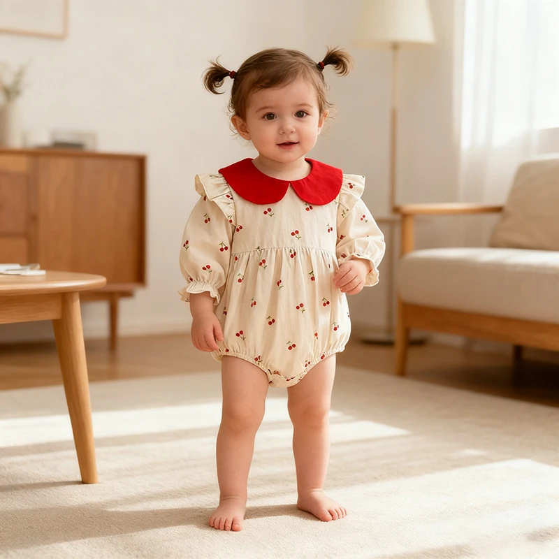 جديد ربيع 2026 ملابس داخلية قطنية للأطفال البنات بأكمام طويلة مطبوعة بالكرز على الطراز الكوري 0-24 متر ملابس أطفال حديثي الولادة