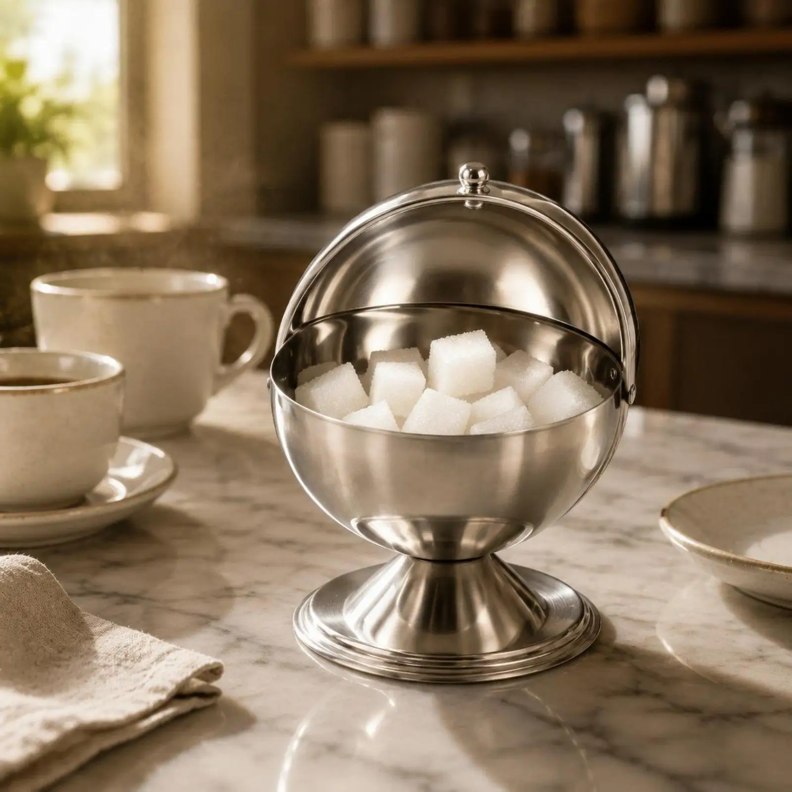 Stylish Kitchen Sugar Container with Sleek Polished Finish Flip Lid Bowl for Countertop or Table Use