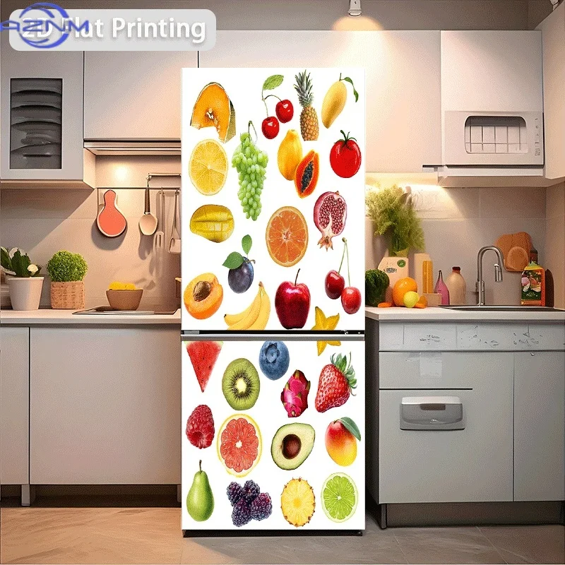 1pc 2D Flat Design Refrigerator Sticker, , Featuring Cantaloupe Slices, Cherries, Pineapple, Mango, Lemon, Grapes, Papaya, Tom