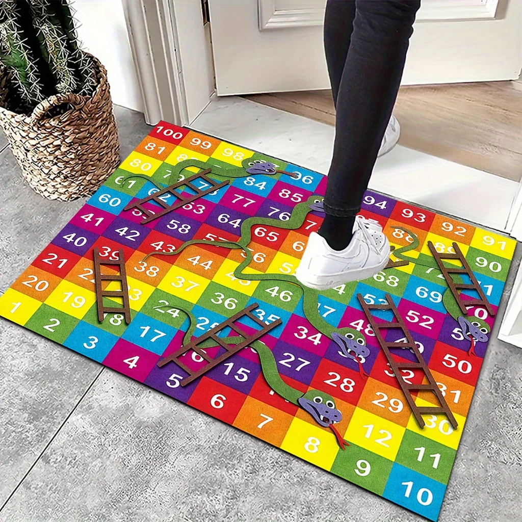 Colorful Snakes and Ladders Doormat, Kids Play Area Rug, Educational Number Grid Floor Mat, Non-Slip Entrance Decor for Home
