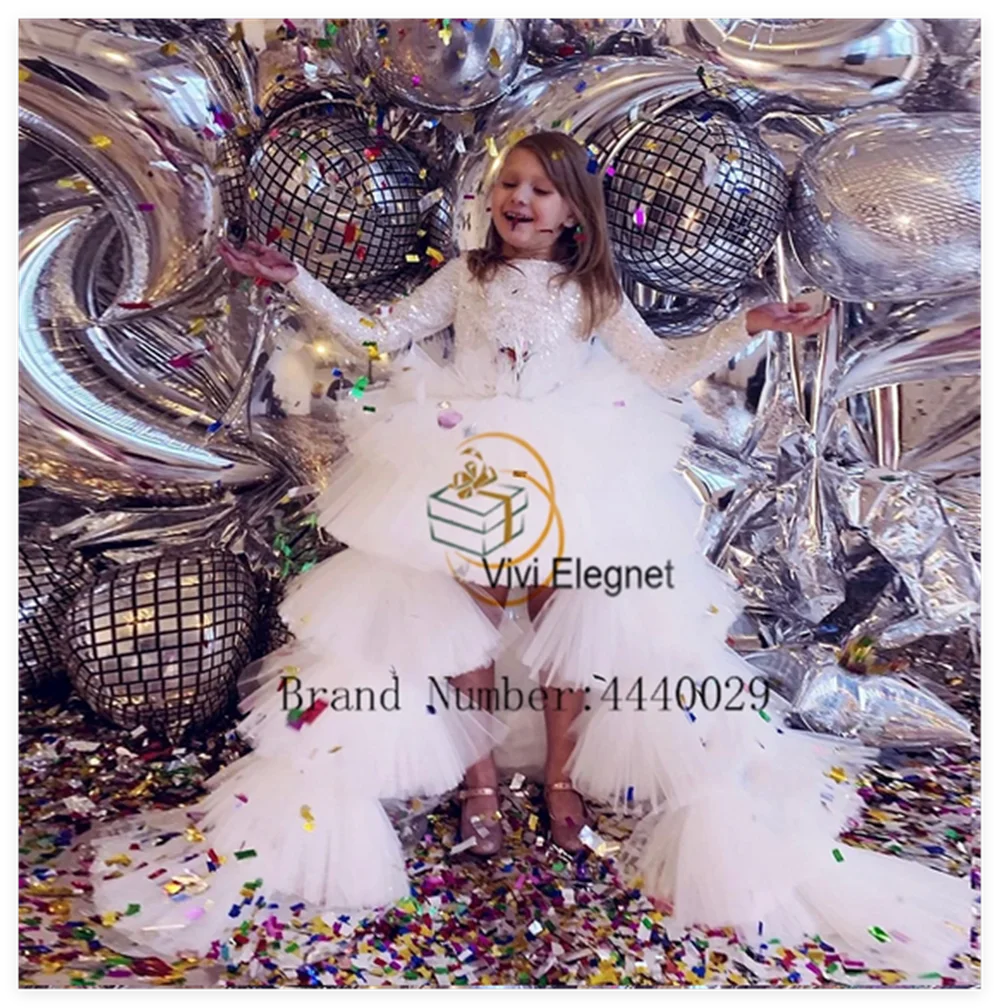 White Scoop Flower Girls Dresses for Kids Summer Tiered Full Sleeve Christmas Gowns with Sequined New