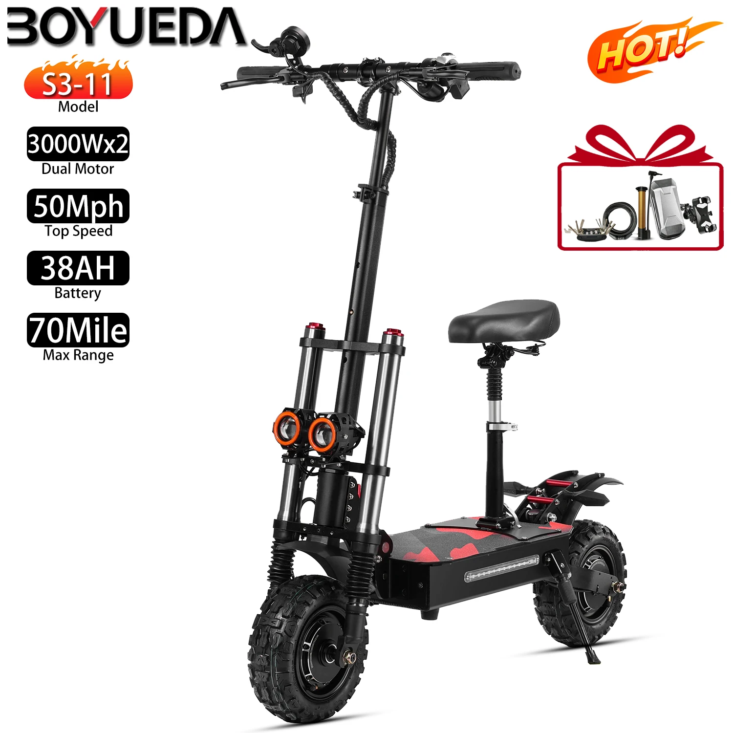 

Electric Scooter Foldable Boyueda S3 11" 3000Wx2 Dual Motor E-Scooter Adult Top Speed 50Mph 2280WH Range 70Miles Load 400Ibs New