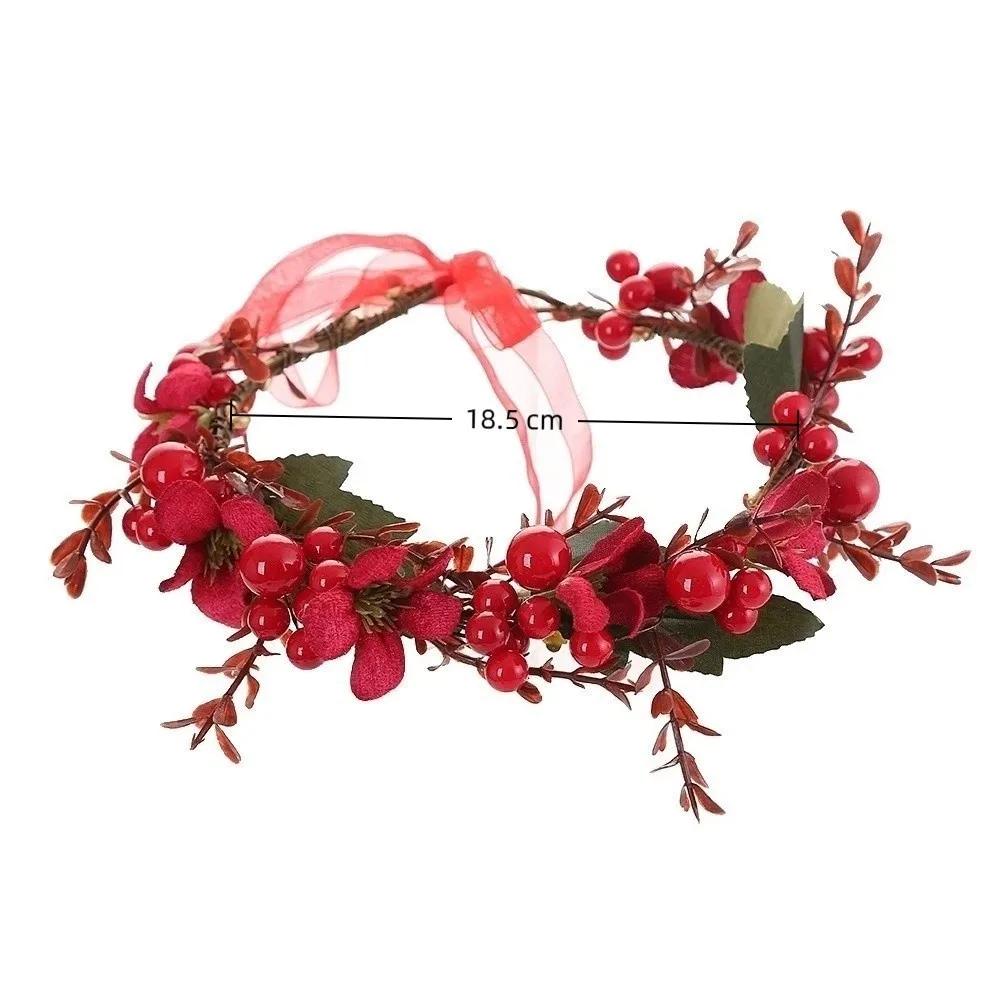 Large Red Berry Garland Red Flower Green Leaf Artificial Flower Garland Ribbon Wine Red Rose Ribbon Wreath Headband - view 6